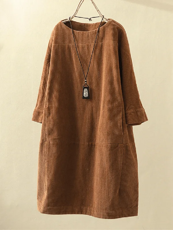 Plus Size Solid Color Corduroy Crew Neck Vintage Loose Fit Dress