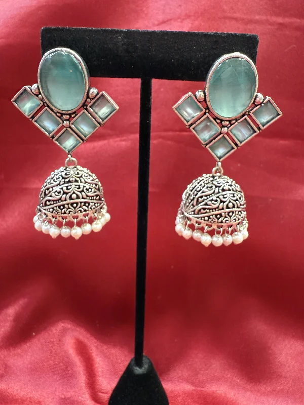 Alluring Light Green Stone Jhumka  Designer Oxidized Earrings For Women