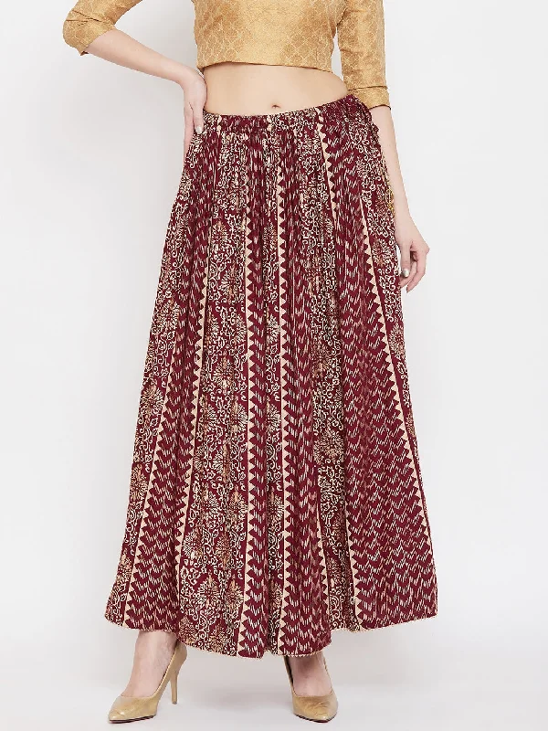 Wahe-NOOR Women's Maroon Printed Rayon Maxi Skirt