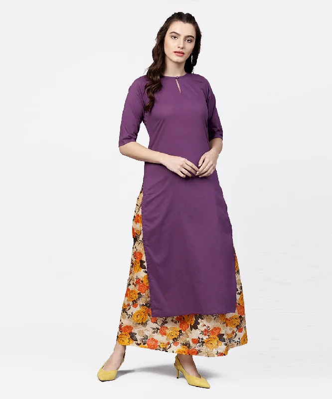 NOZ2TOZ Solid Short Round Neck With A Slit 3/4Th Sleeved Kurta With Floral Printed Skirt Set