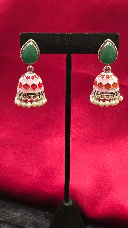 Green Color Stone With Pink And Red Work Earrings