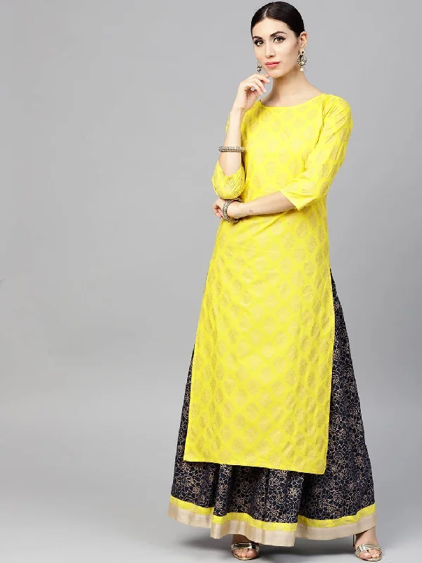 NOZ2TOZ Bright Yellow Printed 3/4Th Sleeve Kurta Set With Navy Blue Skirt