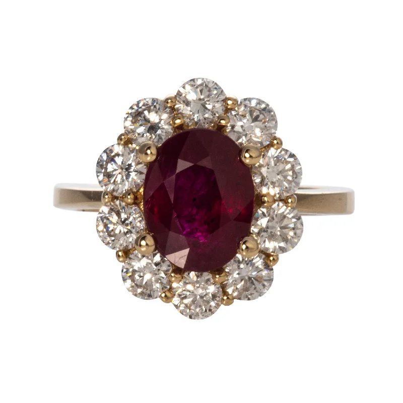 2.80ct Oval Ruby & 1.5ctw Diamond Cluster 14K Yellow Gold Ring