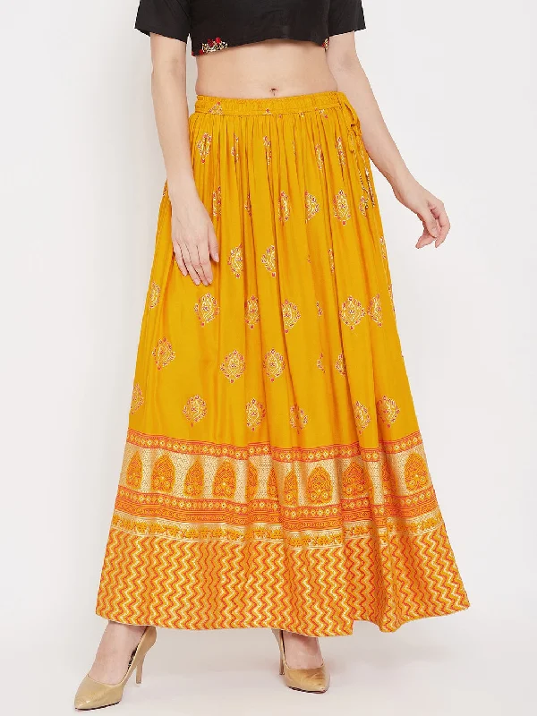 Wahe-NOOR Women's Mustard Flared Printed Maxi Skirt