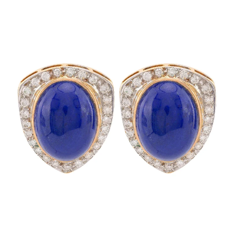 Vintage Lapis Lazuli Diamond 14K Yellow Gold Earrings