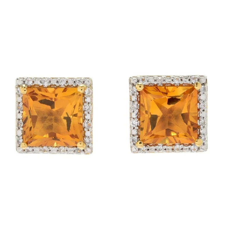 Gold Over Sterling Silver with Natural Citrine and White Topaz Halo Stud Earring