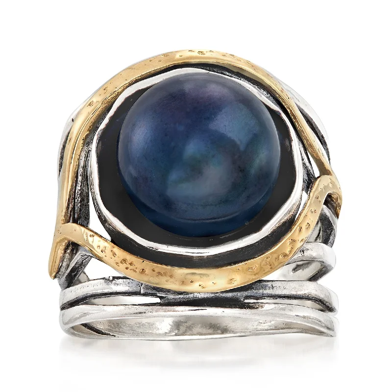 Ross-Simons 11.5-12mm Black Cultured Pearl Openwork Ring in Sterling Silver and 14kt Yellow Gold