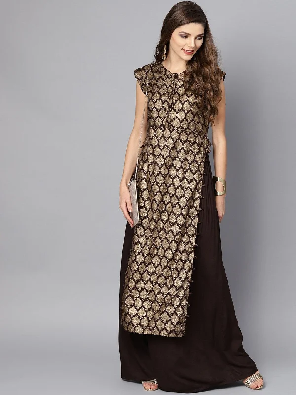 NOZ2TOZ Black And Gold Printed Kurta Set With Ankle Length Skirt