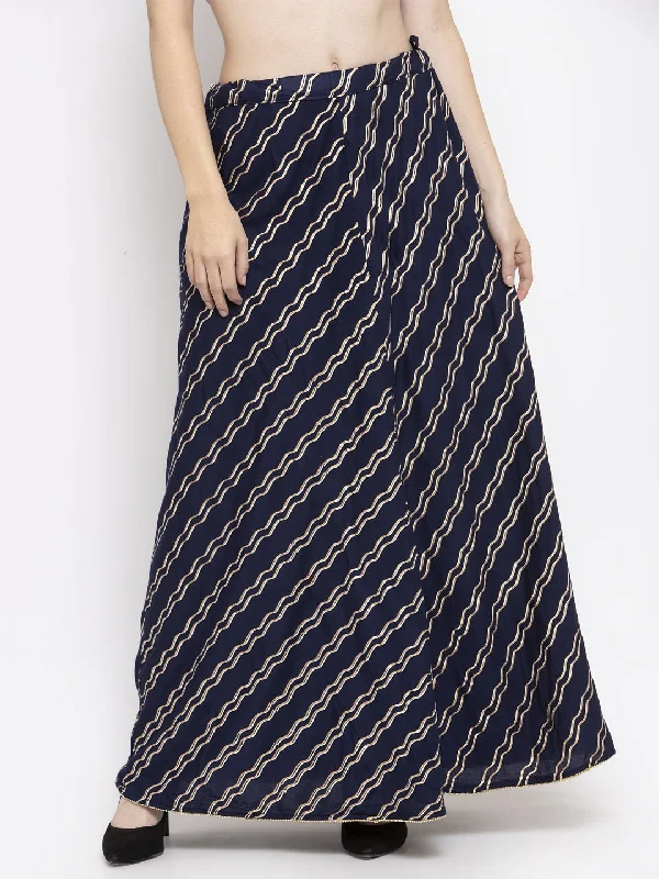 Wahe-NOOR Women's Navy Blue Printed Flared Rayon Skirt