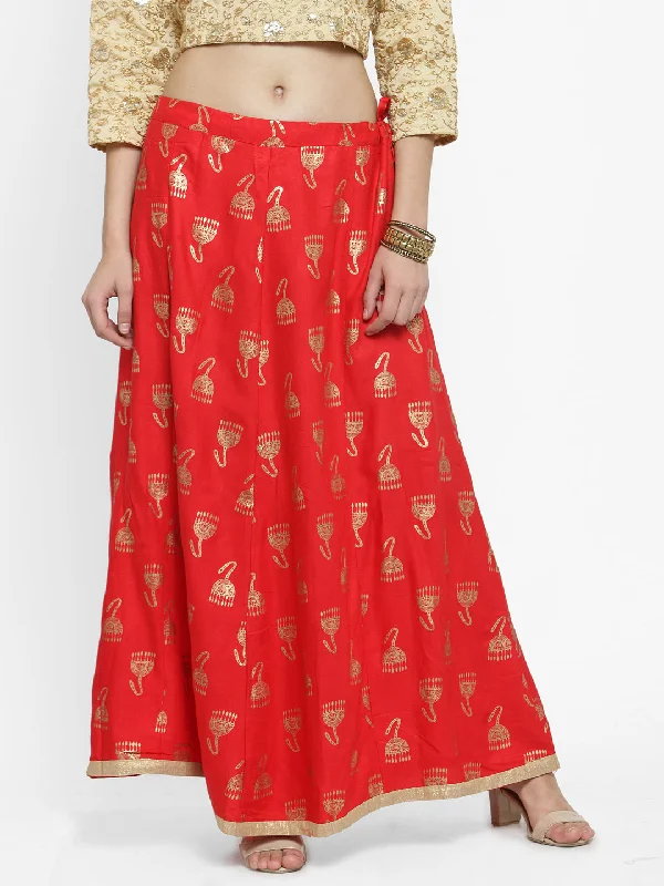 Wahe-NOOR Women's Red Printed Maxi Skirt