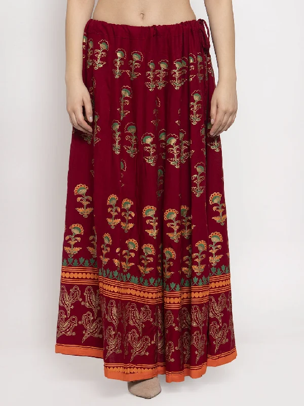 Wahe-NOOR Women's Maroon Printed Rayon Skirt