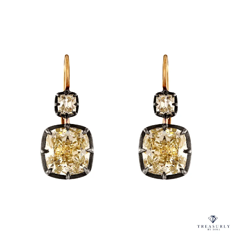 Victorian 6.24ct Antique Cushion Diamond Dormeuse Drop 18k Gold Earrings