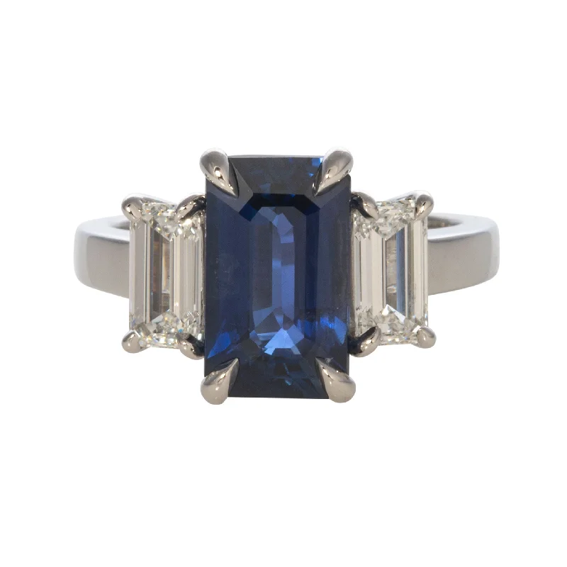 3.58ct Emerald-Cut Sapphire & Diamond Three-Stone Platinum Ring