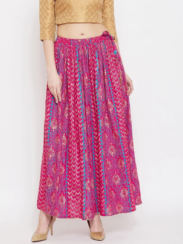 Wahe-NOOR Women's Magenta Printed Rayon Maxi Skirt