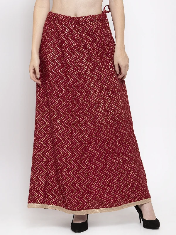 Wahe-NOOR Women's Maroon Zigzag Printed Flared Maxi Skirt