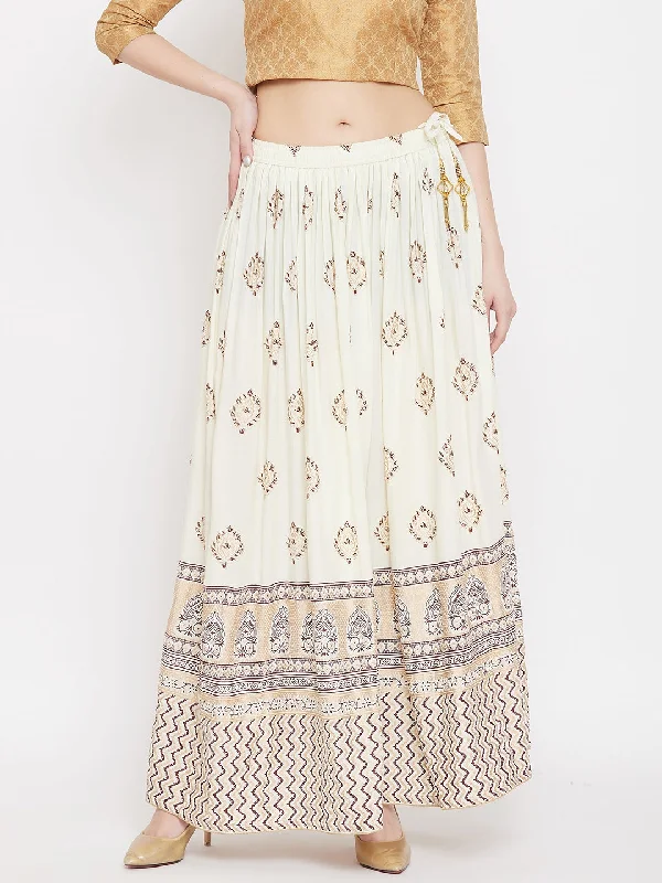 Wahe-NOOR Women's Cream Flared Printed Maxi Skirt