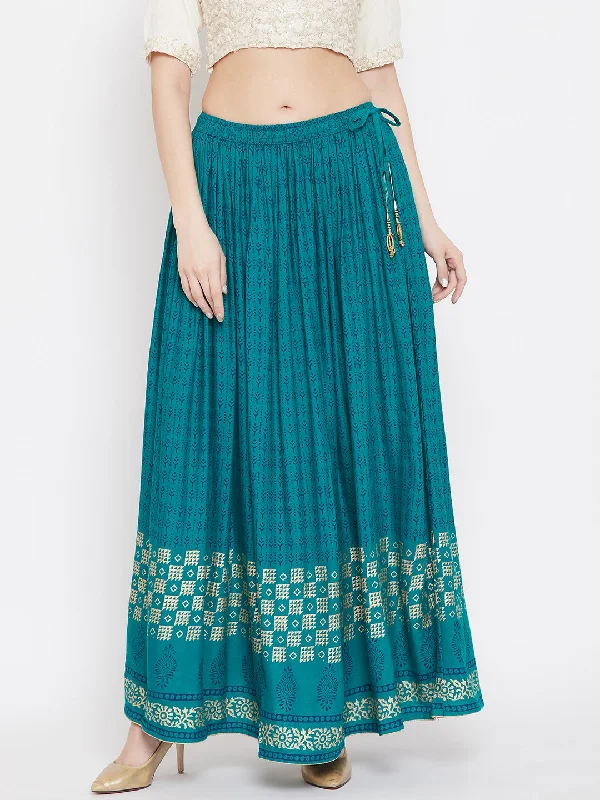 Wahe-NOOR Women's Turquoise Printed Rayon Skirt