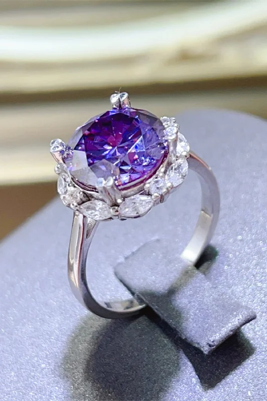 Silver Ring 5 Carat Moissanite Violet Stone Round 925 Sterling Platinum-plated