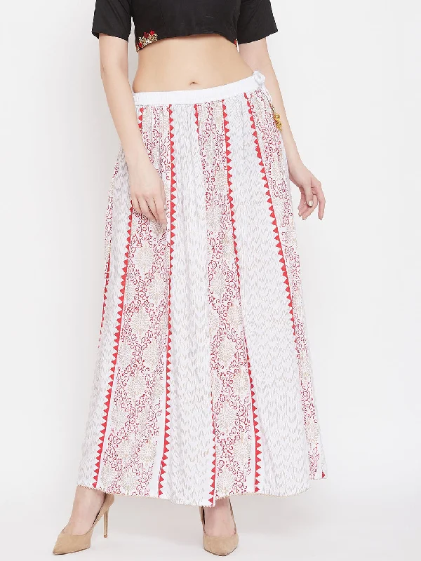 Wahe-NOOR Women's White Printed Rayon Maxi Skirt