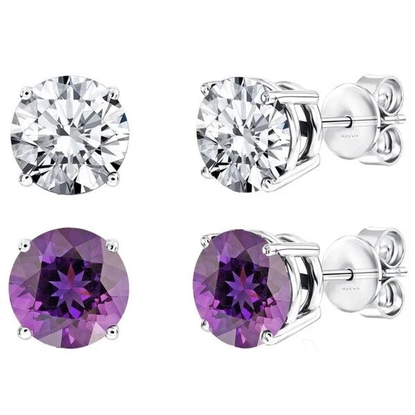 Set of Two Sterling Silver Stud Earring with Natural Amethyst and White Topaz