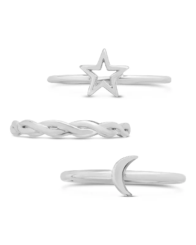 Sterling Silver Celestial Stacking Ring Set of 3