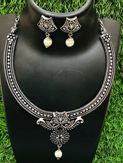 Charming White Beads Oxidized Necklace With Earrings Sets