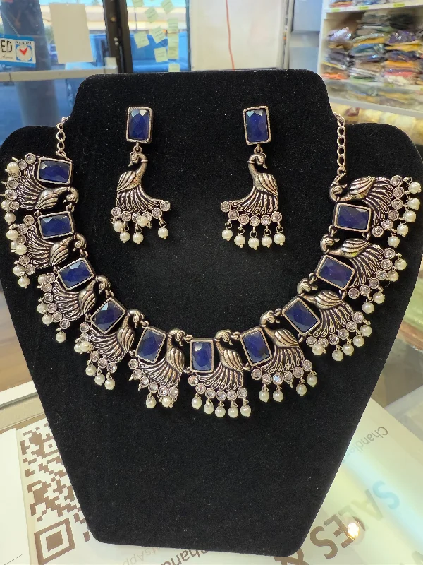 Amazing Blue Stone Studded German Silver Plated Oxidized Necklace Set With Earrings And Pearl Beads