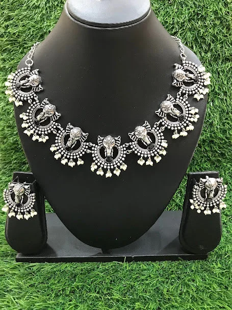 Elegant White Stones With White Beads Oxidized Necklace With Earrings Sets