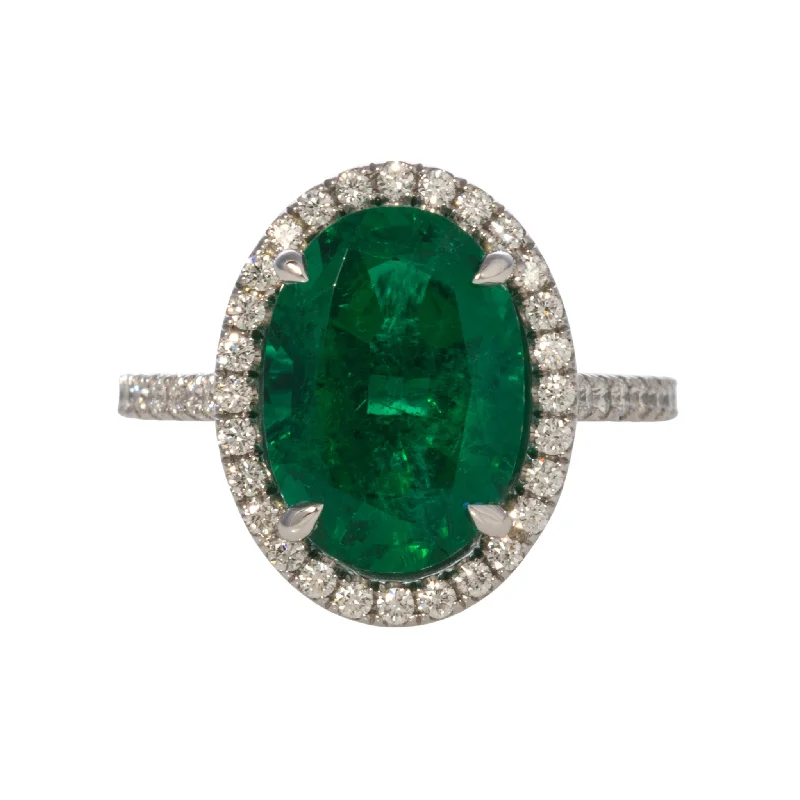 4.44ct Oval Emerald & Pavé Diamond Halo Platinum Ring