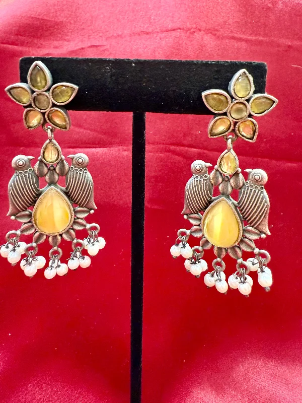 Appealing Oxidized Yellow Stone And Beaded Work Bird Designs Earrings For Women