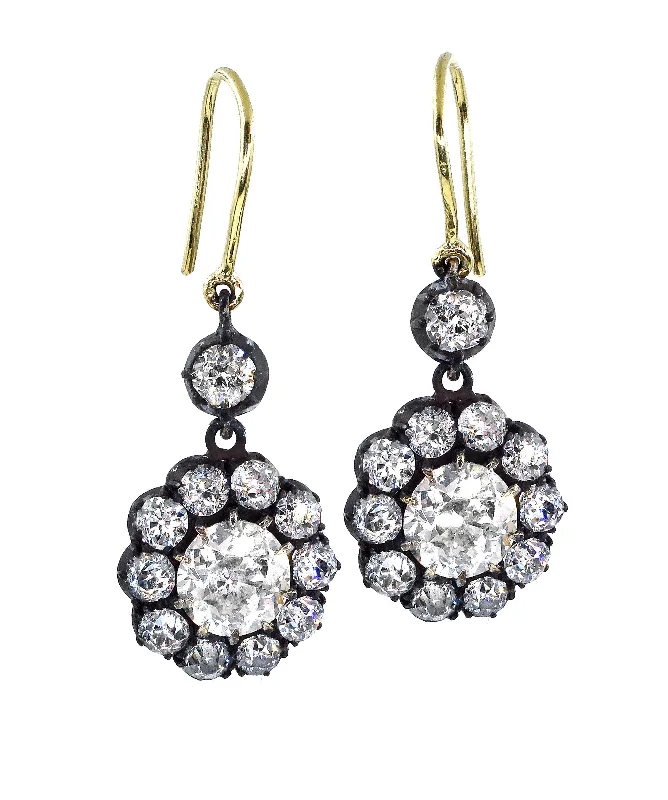 Authentic GIA 6.00ct Antique Victorian Old Euro Diamond Cluster Dangling Earrings