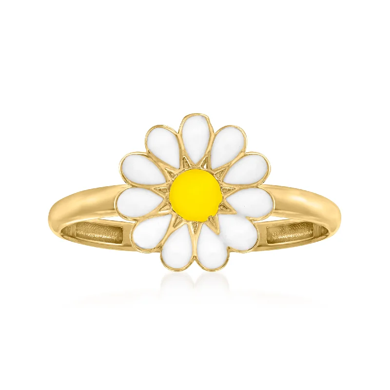 Ross-Simons White and Yellow Enamel Daisy Ring in 14kt Yellow Gold