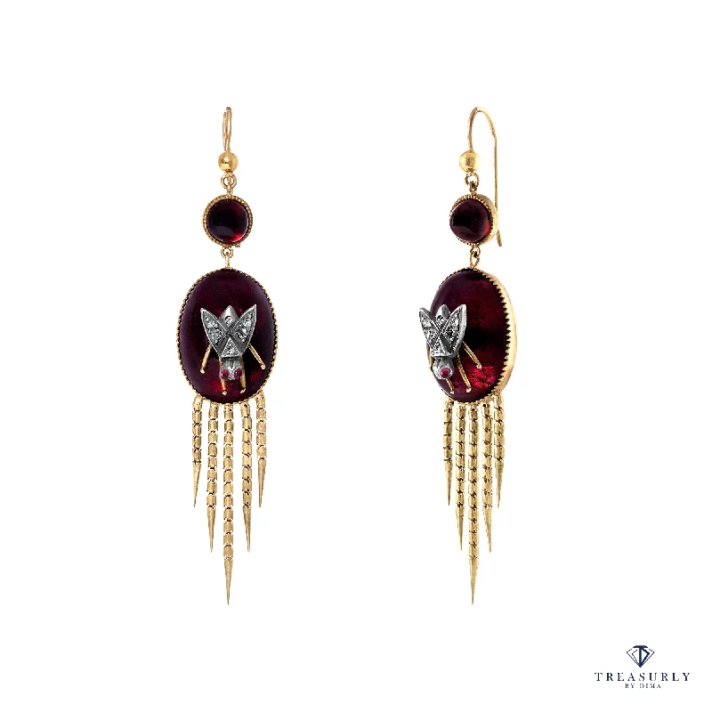 AUTHENTIC FRINGED VICTORIAN CABOCHON GARNET DIAMOND EARRINGS CIRCA 1870 RARE!