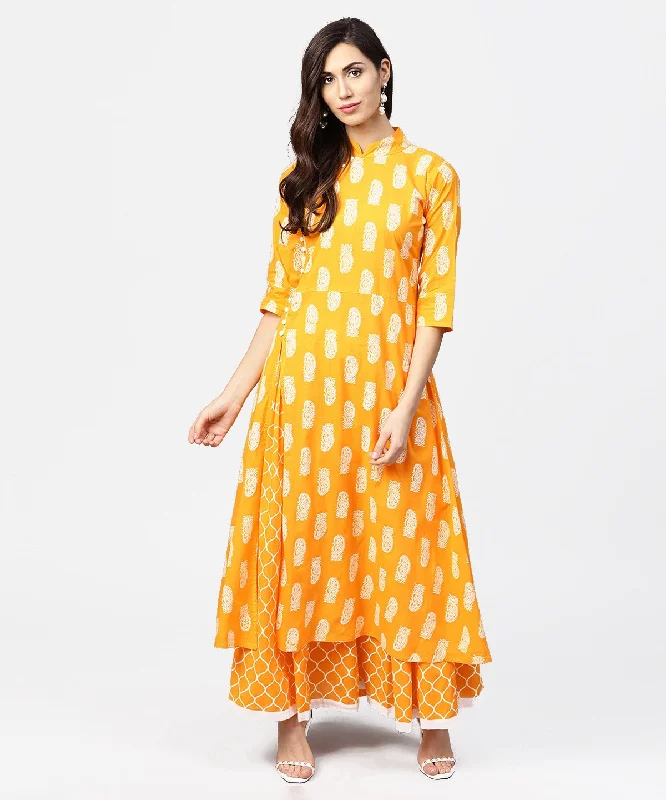 NOZ2TOZ Yellow Printed 3/4Th Sleeve Cotton A-Line Kurta With Flared Ankle Length Skirt