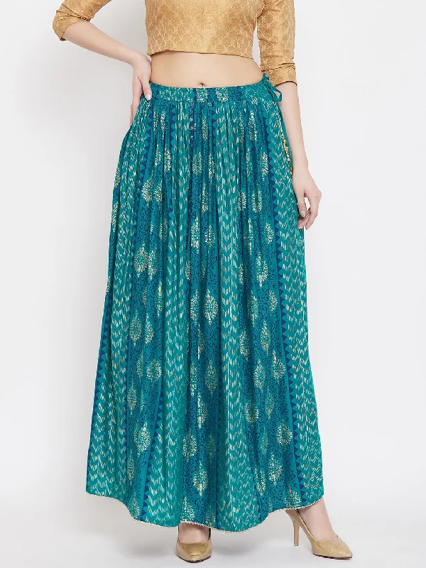 Wahe-NOOR Women's Turquoise Printed Rayon Maxi Skirt