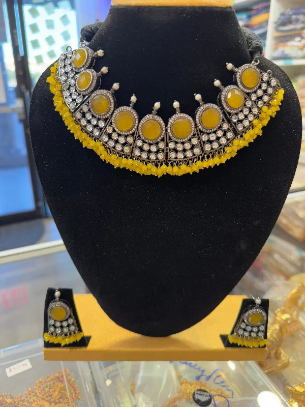 Amazing Yellow Stone Studded German Silver Oxidized Necklace And Earrings With Yellow Pearls Drop