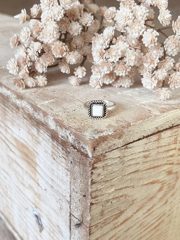 Dainty White Turquoise Square Stone Adjustable Ring