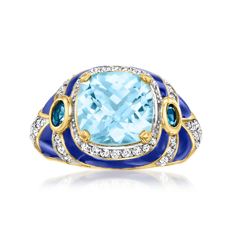 Ross-Simons London and Sky Blue Topaz and . White Zircon Ring With Blue Enamel in 18kt Gold Over Sterling