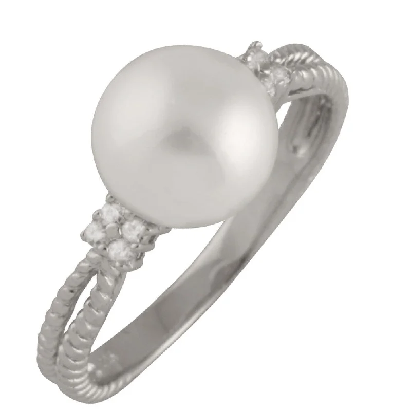 Sterling Silver Quad Cubic Zirconia Ribbed Pearl Ring (8-9mm)