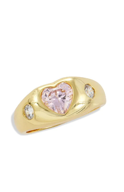 18K GOLD PLATED BEZEL 3 STONES PINK HEART RING