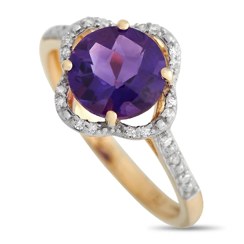 LB Exclusive 14K Yellow Gold 0.10ct Diamond and Amethyst Quatrefoil Ring RC4-11976YAM