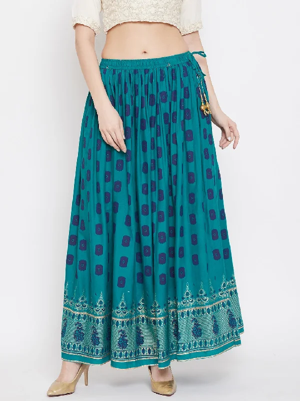 Wahe-NOOR Women's Turquoise Flared Printed Skirt