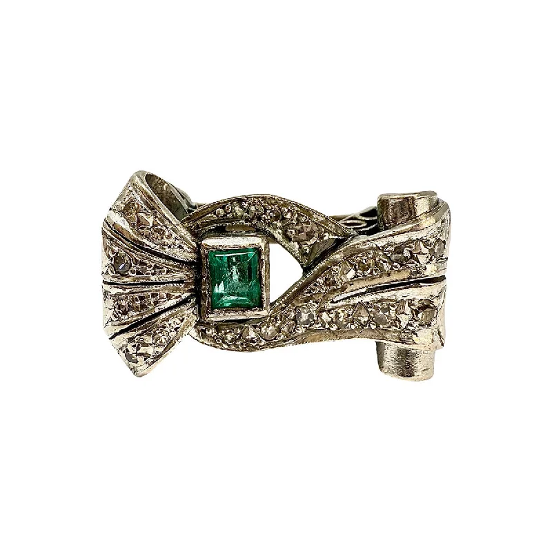 14K White Gold Vintage Ring with Emerald and Diamond