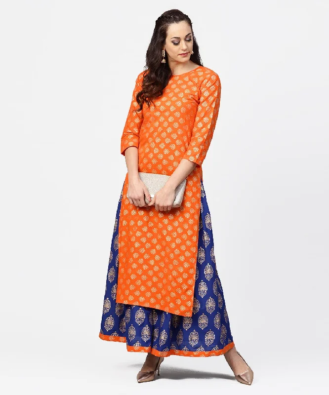 NOZ2TOZ Orange Printed 3/4Th Sleeve Cotton Kurta With Blue Printed Flared Ankle Length Skirt