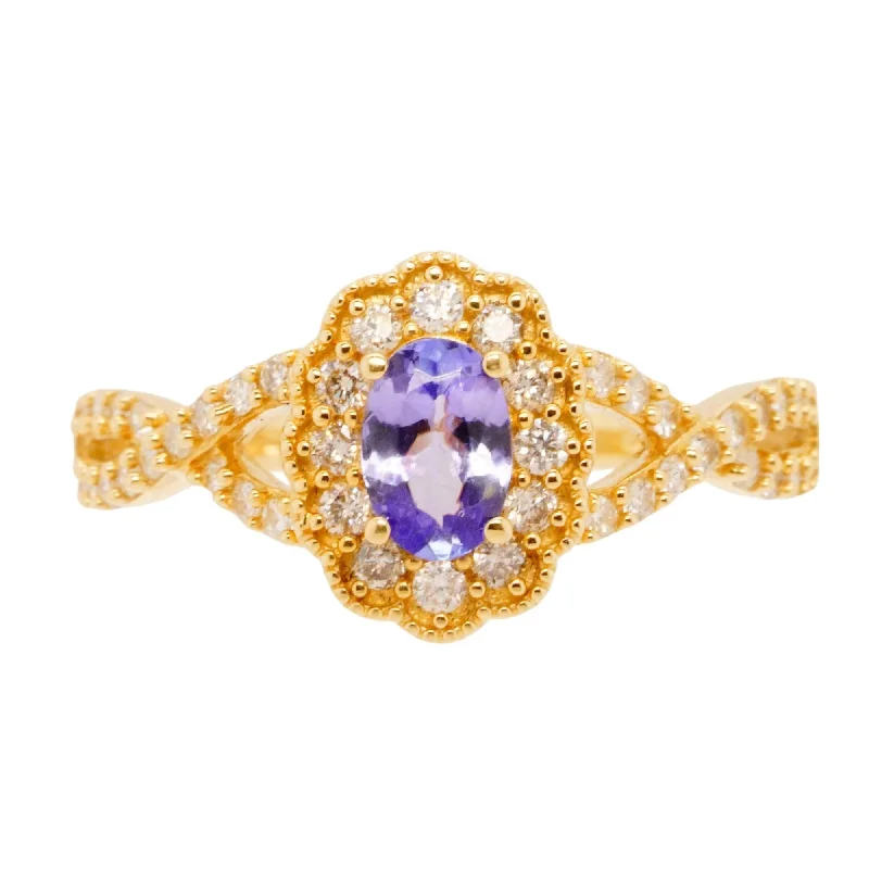 14K Gold Oval Tanzanite With Diamond Scallop Halo Crossover Shank Ring