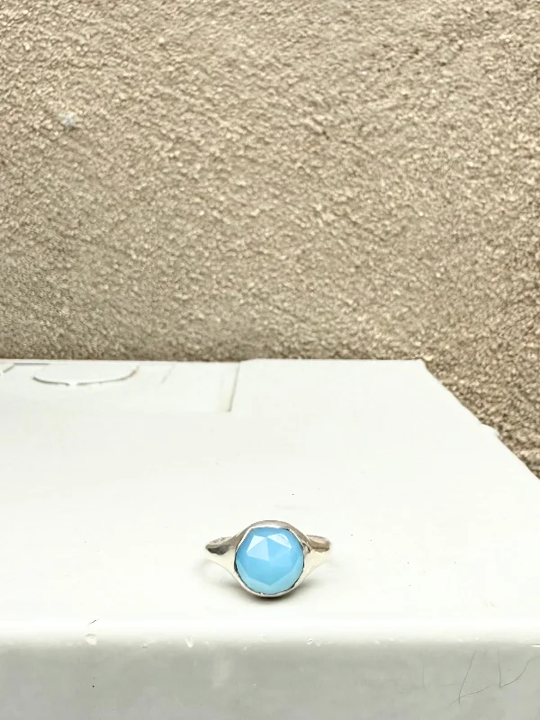 Blue Chalcedony Large Faceted Stone Set Signet Ring