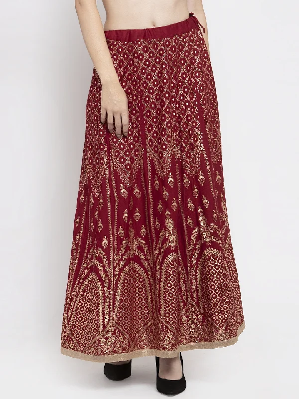 Wahe-NOOR Women's Maroon Printed Flared Rayon Skirt