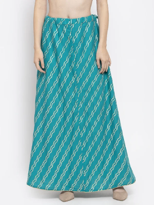 Wahe-NOOR Women's Turquoise Printed Flared Rayon Skirt