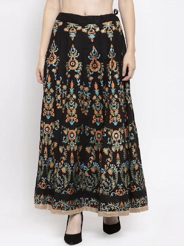 Wahe-NOOR Women's Black Printed Flared Rayon Maxi Skirt