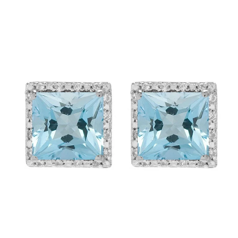 Sterling Silver Natural Aquamarine and White Topaz Halo Stud Earring